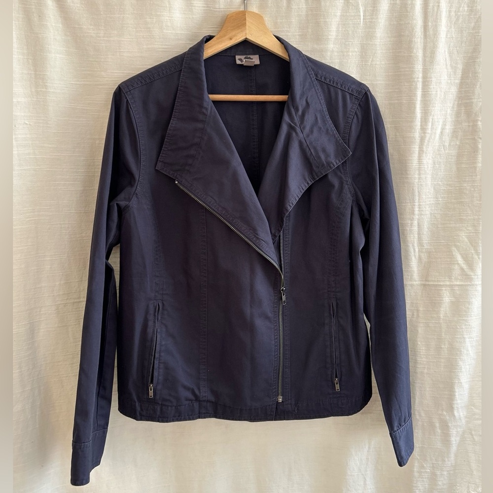 J. Jill Cotton Linen Dark Navy Button-Up Moto Style Jacket with Subtle Texture‎